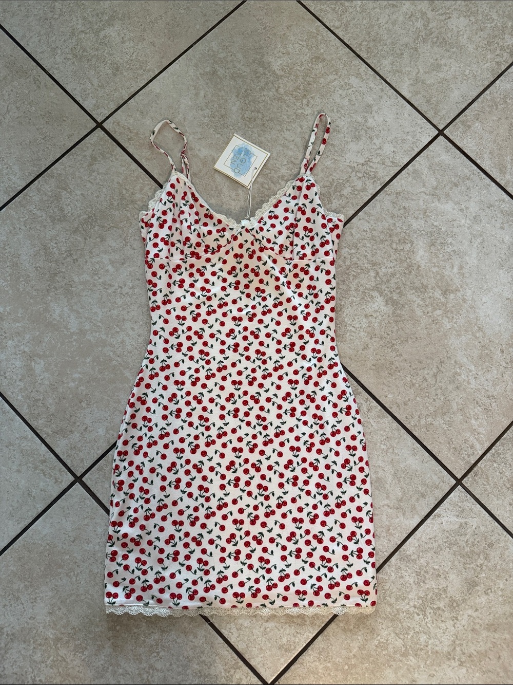 White Cherry-Print Slip Mini Dress with Lace Trim